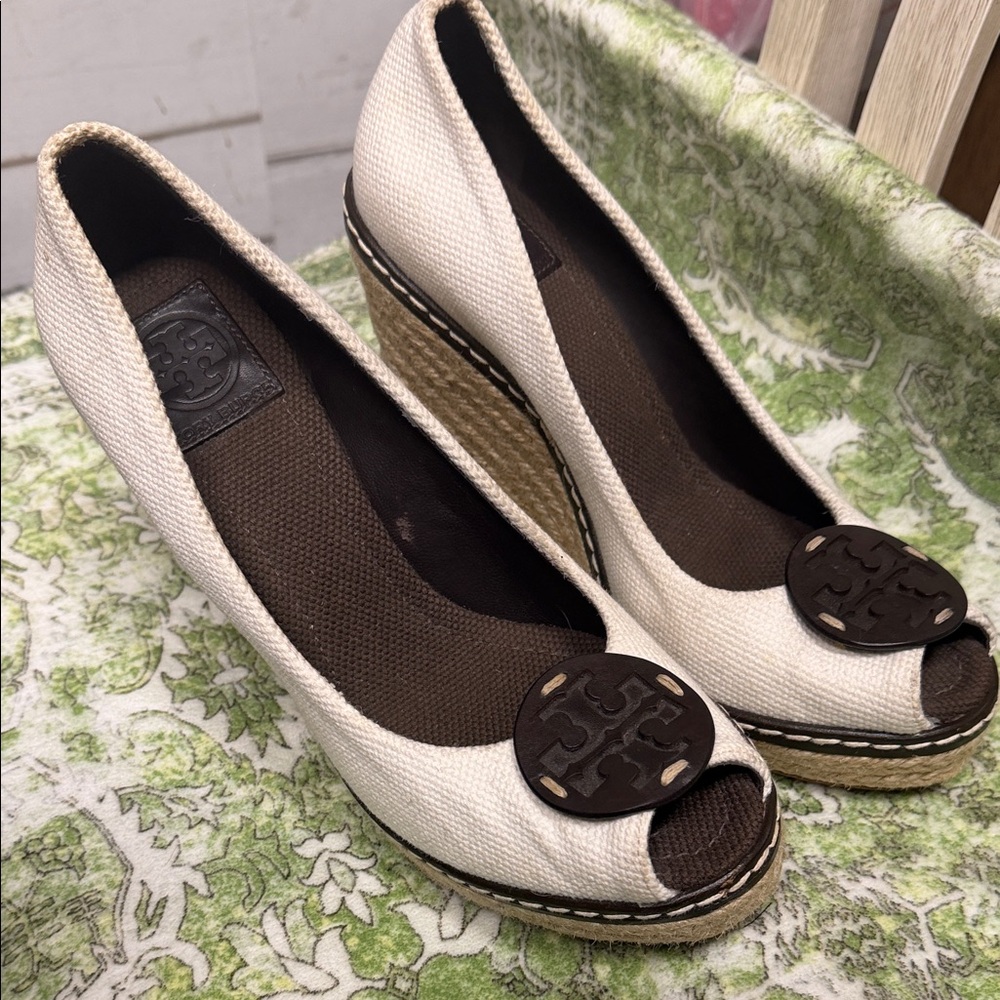 Tory Burch Cream Canvas Peep-Toe Wedge Espadrilles with Brown Logo Medallion